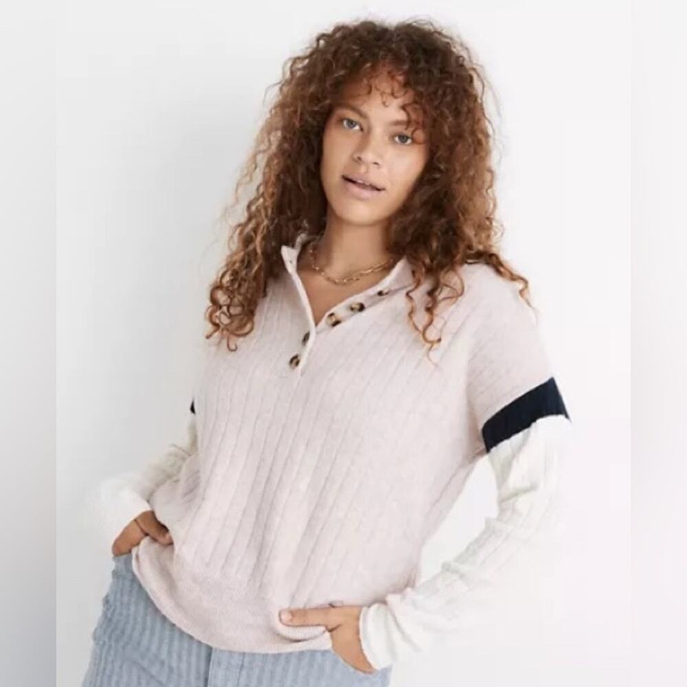 Madewell Striped Bowden Henley Sweater in Coziest Yarn Size XS Pink White Blue
